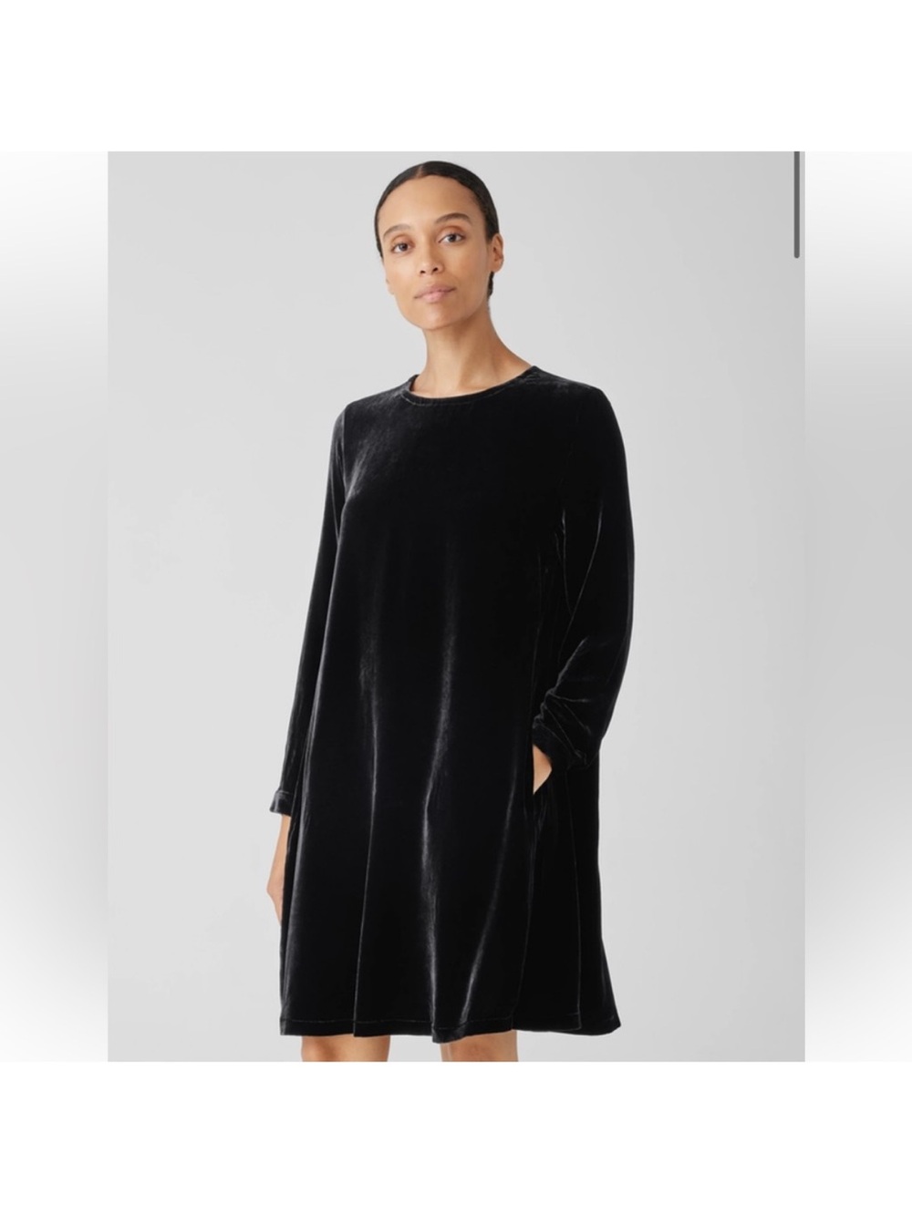 Eileen Fisher Dress Black Velvet Crew Neck Knee Length Viscose & Silk Large M